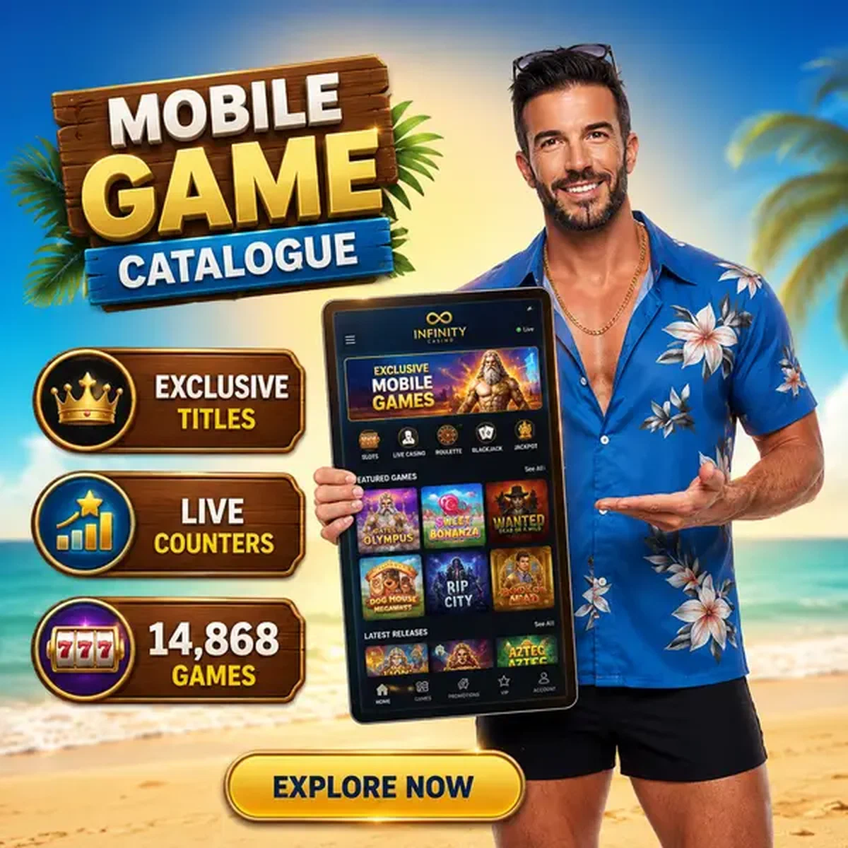Ο Beach Striker παρουσιάζει την εφαρμογή κινητού με το λόμπι 14.868 παιχνιδιών να λάμπει σε οθόνη tablet
